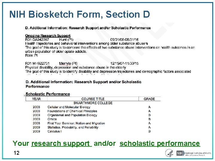 NIH Biosketch Form, Section D Your research support and/or scholastic performance 12 