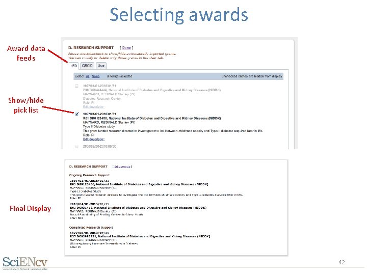Selecting awards Award data feeds Show/hide pick list Final Display 42 