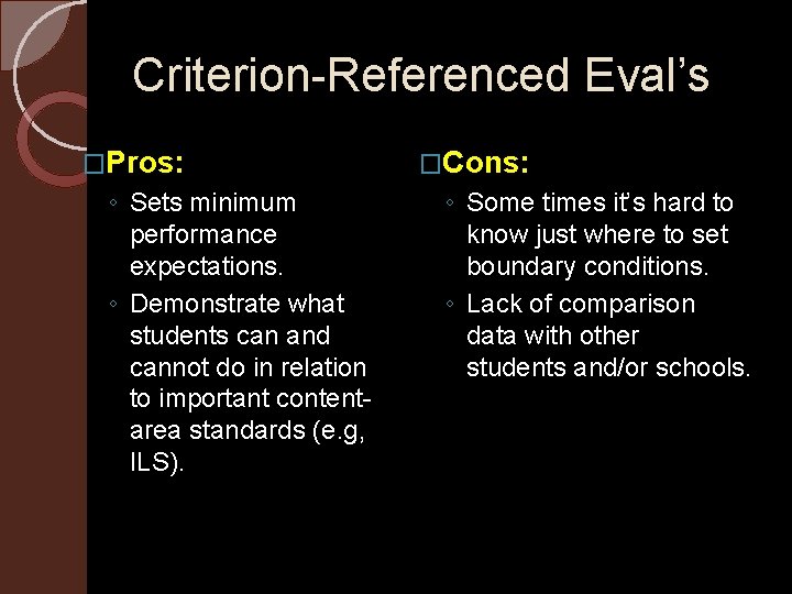 Criterion-Referenced Eval’s �Pros: ◦ Sets minimum performance expectations. ◦ Demonstrate what students can and