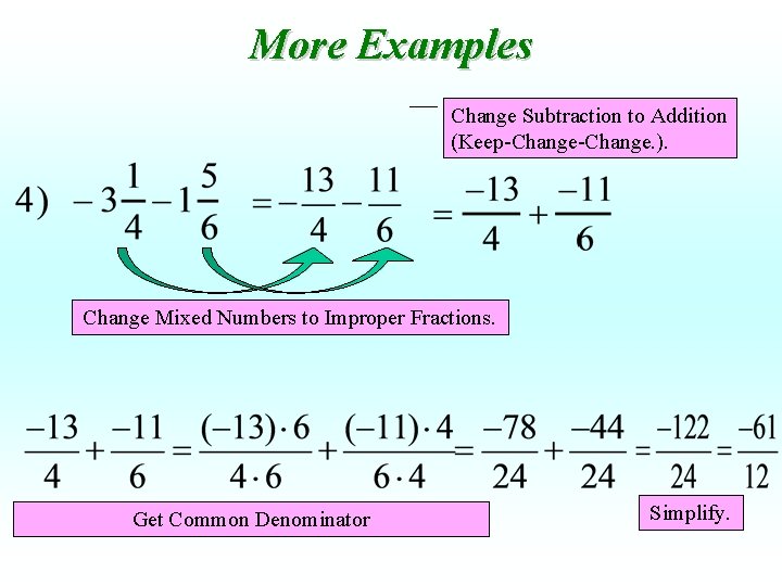 More Examples Change Subtraction to Addition (Keep-Change. ). Change Mixed Numbers to Improper Fractions.