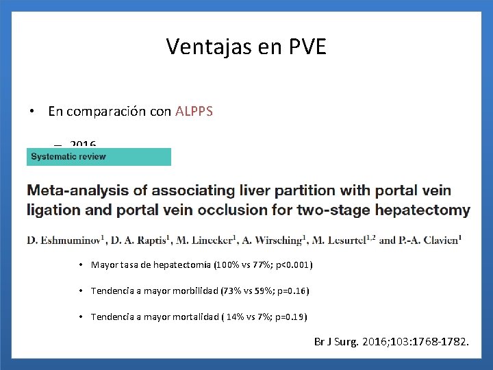 Ventajas en PVE • En comparación con ALPPS – 2016 – 90 estudios, 4352
