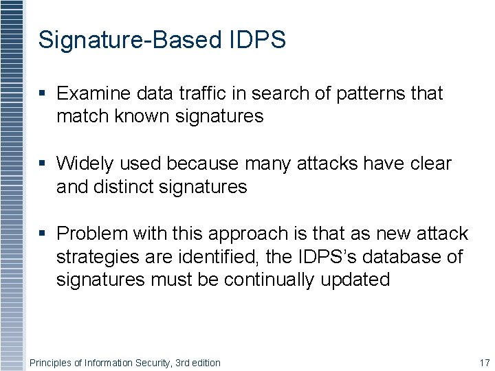 Signature-Based IDPS Examine data traffic in search of patterns that match known signatures Widely