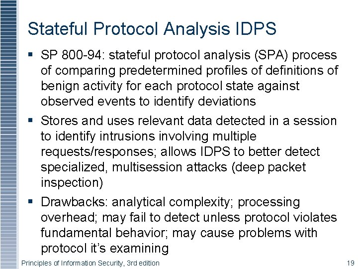 Stateful Protocol Analysis IDPS SP 800 -94: stateful protocol analysis (SPA) process of comparing