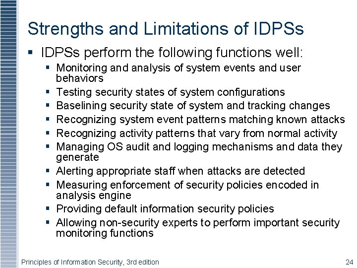 Strengths and Limitations of IDPSs perform the following functions well: Monitoring and analysis of