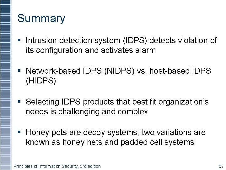 Summary Intrusion detection system (IDPS) detects violation of its configuration and activates alarm Network-based