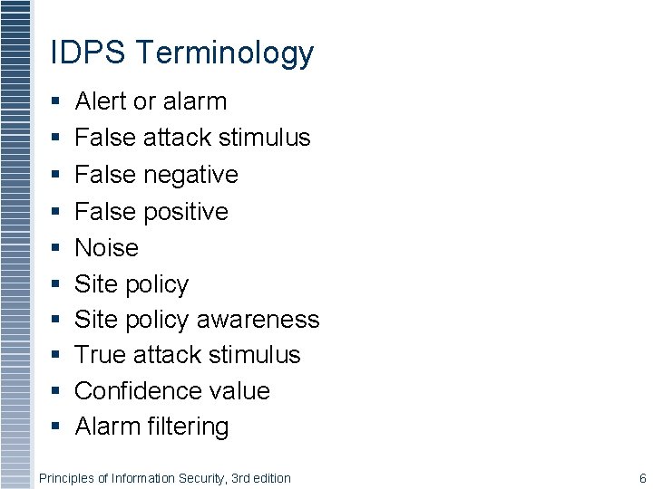 IDPS Terminology Alert or alarm False attack stimulus False negative False positive Noise Site