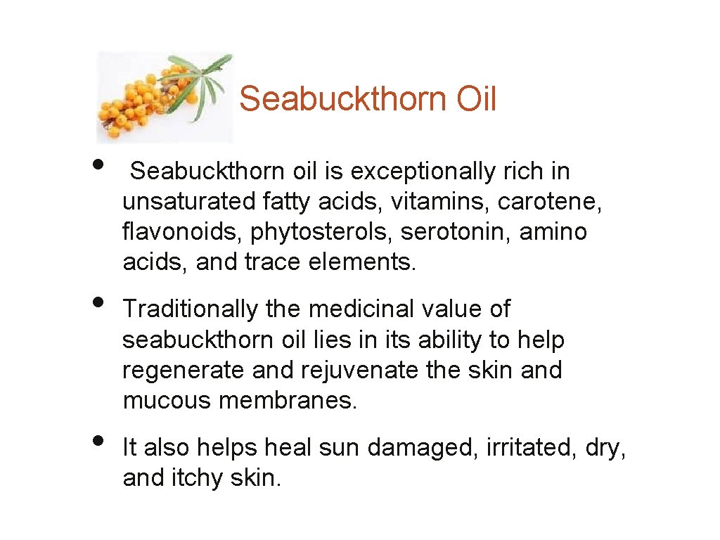 Seabuckthorn Oil • • • Seabuckthorn oil is exceptionally rich in unsaturated fatty acids,