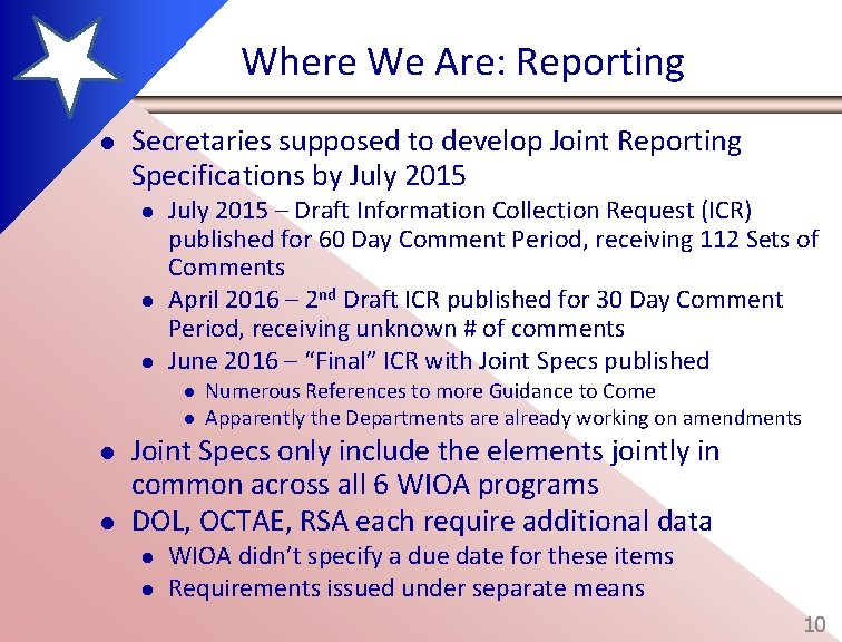 Where We Are: Reporting l Secretaries supposed to develop Joint Reporting Specifications by July