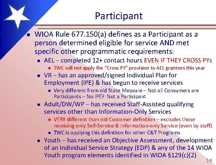 Participant l WIOA Rule 677. 150(a) defines as a Participant as a person determined