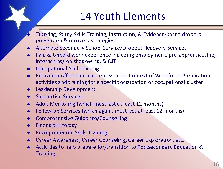 14 Youth Elements l l l l Tutoring, Study Skills Training, Instruction, & Evidence-based