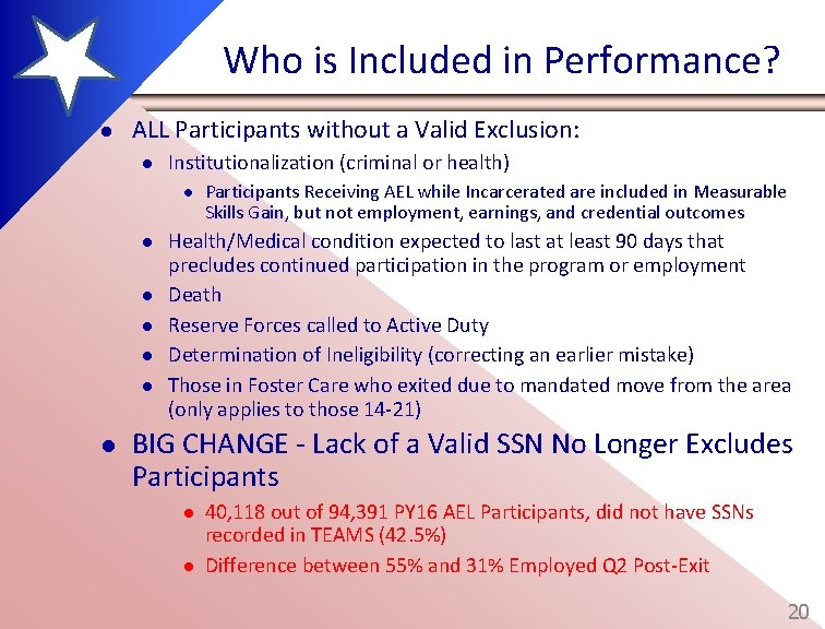 Who is Included in Performance? l ALL Participants without a Valid Exclusion: l Institutionalization