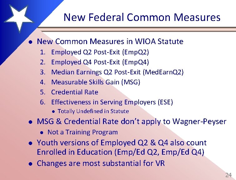 New Federal Common Measures l New Common Measures in WIOA Statute 1. 2. 3.