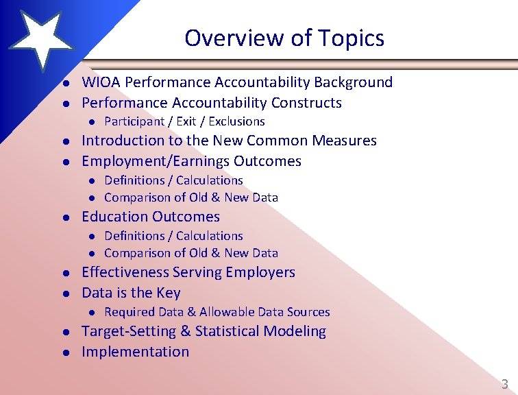 Overview of Topics l l WIOA Performance Accountability Background Performance Accountability Constructs l l