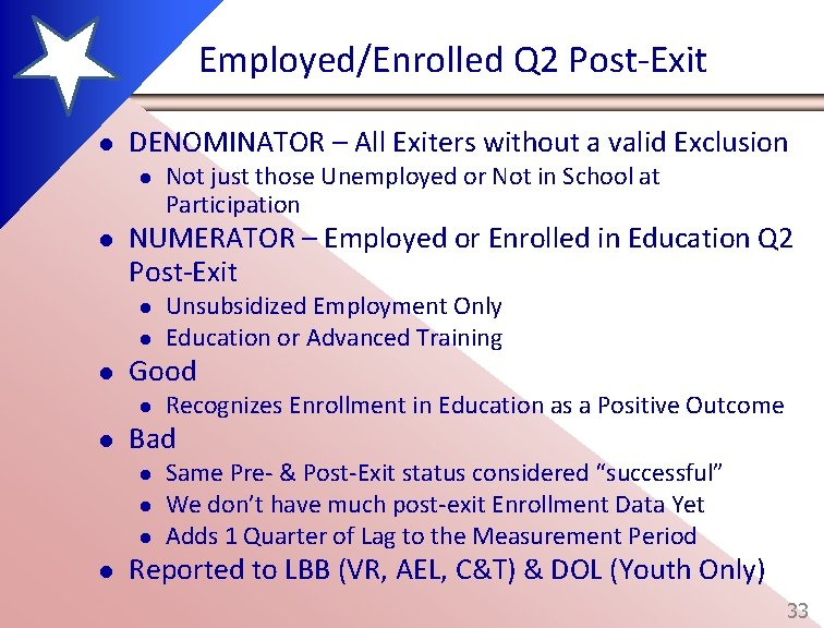 Employed/Enrolled Q 2 Post-Exit l DENOMINATOR – All Exiters without a valid Exclusion l