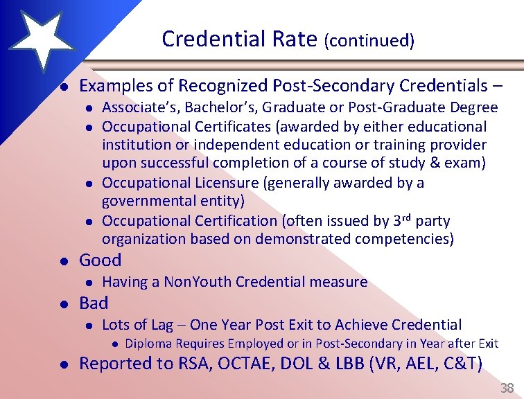 Credential Rate (continued) l Examples of Recognized Post-Secondary Credentials – l l l Good