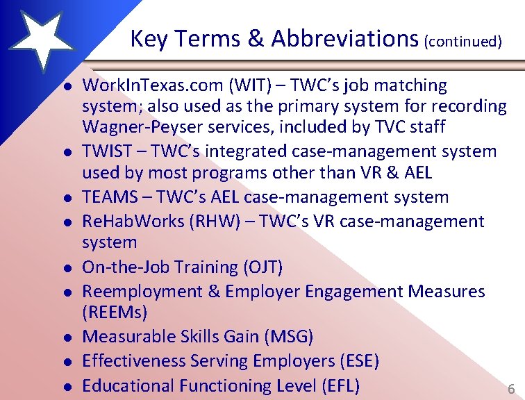 Key Terms & Abbreviations (continued) l l l l l Work. In. Texas. com