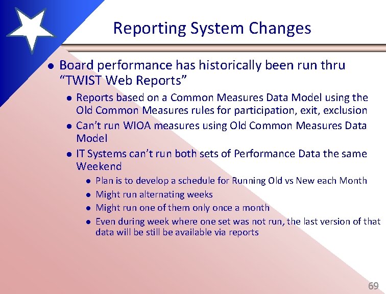 Reporting System Changes l Board performance has historically been run thru “TWIST Web Reports”