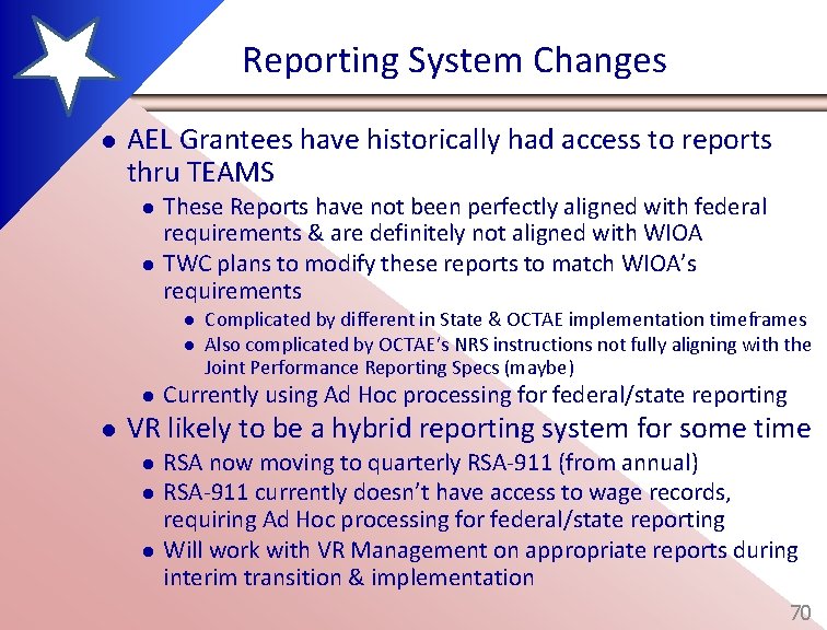 Reporting System Changes l AEL Grantees have historically had access to reports thru TEAMS