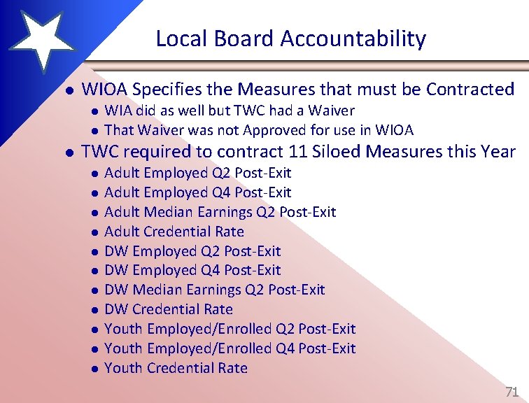 Local Board Accountability l WIOA Specifies the Measures that must be Contracted l l