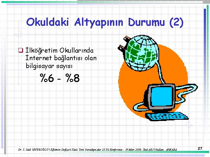 Okuldaki Altyapının Durumu (2) q İlköğretim Okullarında İnternet bağlantısı olan bilgisayar sayısı %6 -