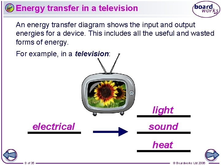 Energy transfer in a television An energy transfer diagram shows the input and output