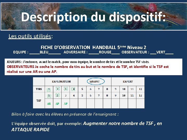 Description du dispositif: Les outils utilisés: FICHE D’OBSERVATION HANDBALL 5ème Niveau 2 EQUIPE :