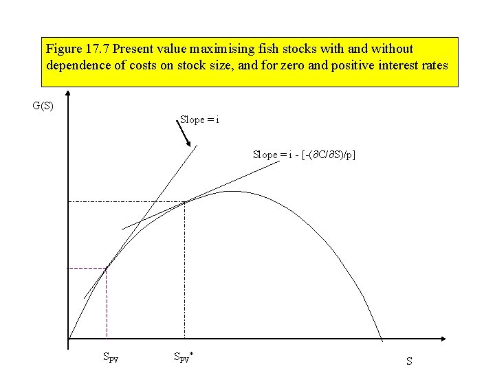 Figure 17. 7 Present value maximising fish stocks with and without dependence of costs