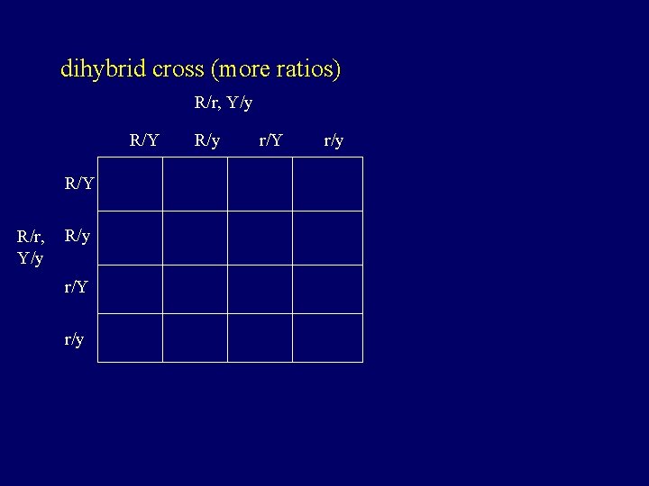 dihybrid cross (more ratios) R/r, Y/y R/Y R/r, Y/y R/y r/Y r/y 