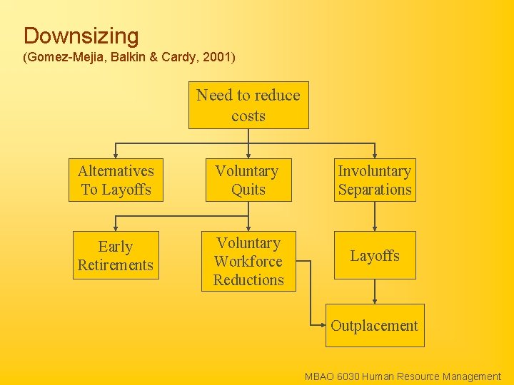 Downsizing (Gomez-Mejia, Balkin & Cardy, 2001) Need to reduce costs Alternatives To Layoffs Voluntary