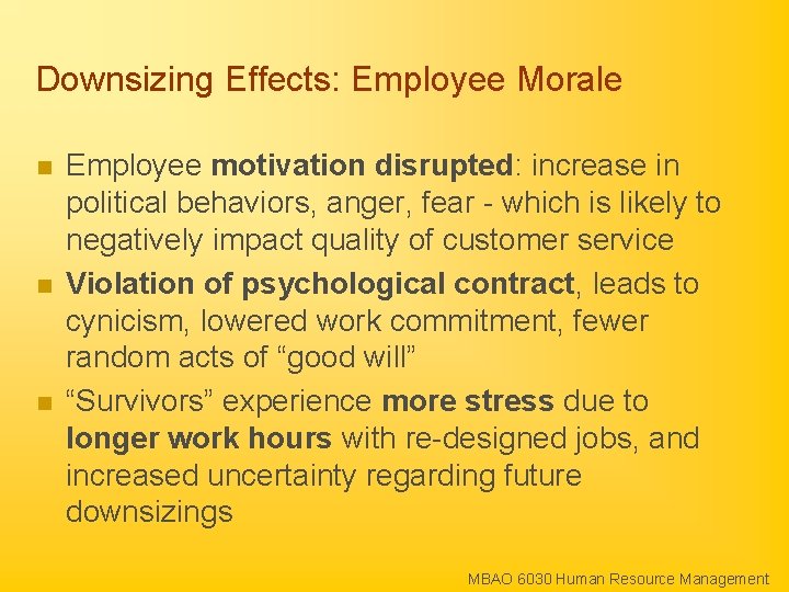 Downsizing Effects: Employee Morale n n n Employee motivation disrupted: increase in political behaviors,
