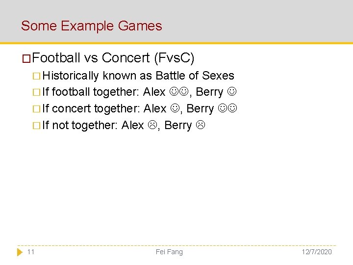Some Example Games �Football vs Concert (Fvs. C) � Historically known as Battle of