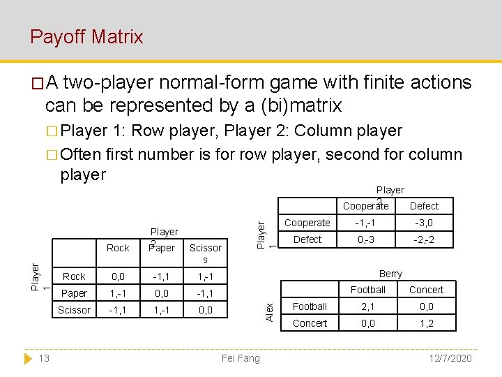 Payoff Matrix �A two-player normal-form game with finite actions can be represented by a