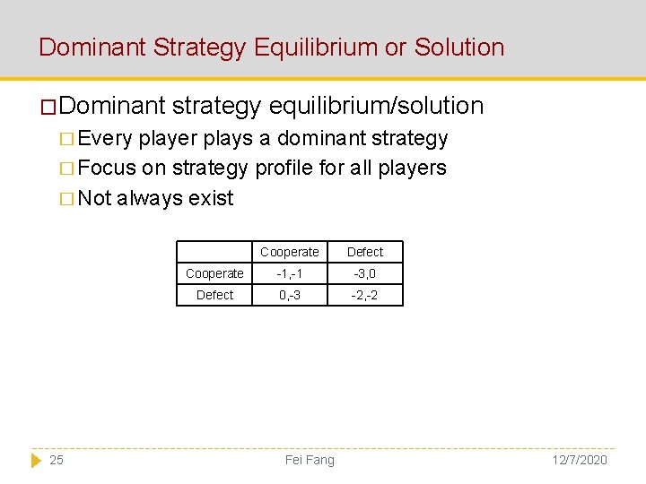 Dominant Strategy Equilibrium or Solution �Dominant strategy equilibrium/solution � Every player plays a dominant