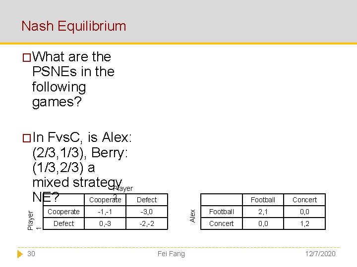 Nash Equilibrium �What are the PSNEs in the following games? �In Fvs. C, is