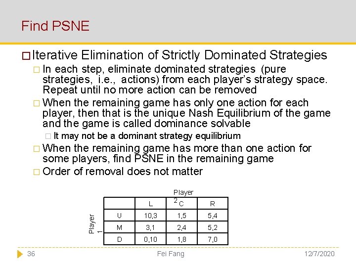 Find PSNE � Iterative Elimination of Strictly Dominated Strategies � In each step, eliminate