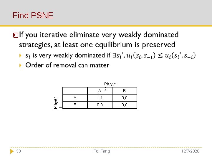 Find PSNE � Player 1 Player A 2 38 B A 1, 1 0,