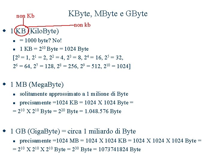 non Kb w 1 KB (Kilo. Byte) KByte, MByte e GByte non kb = non Kb w 1 KB (Kilo. Byte) KByte, MByte e GByte non kb =