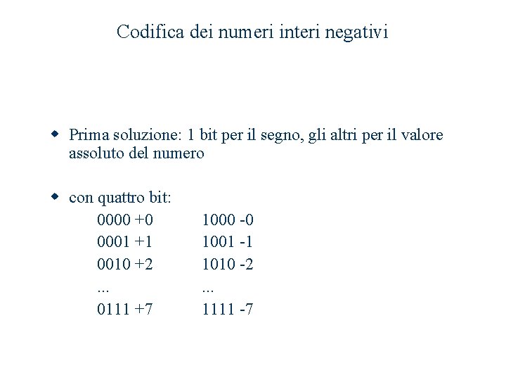 Codifica dei numeri interi negativi w Prima soluzione: 1 bit per il segno, gli Codifica dei numeri interi negativi w Prima soluzione: 1 bit per il segno, gli