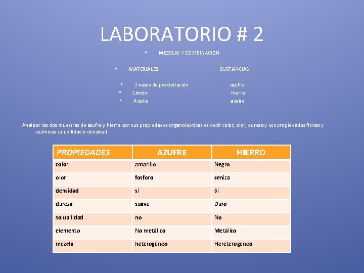 LABORATORIO # 2 MEZCLAS Y COMBINACION • MATERIALES • • SUSTANCIAS 2 vasos de