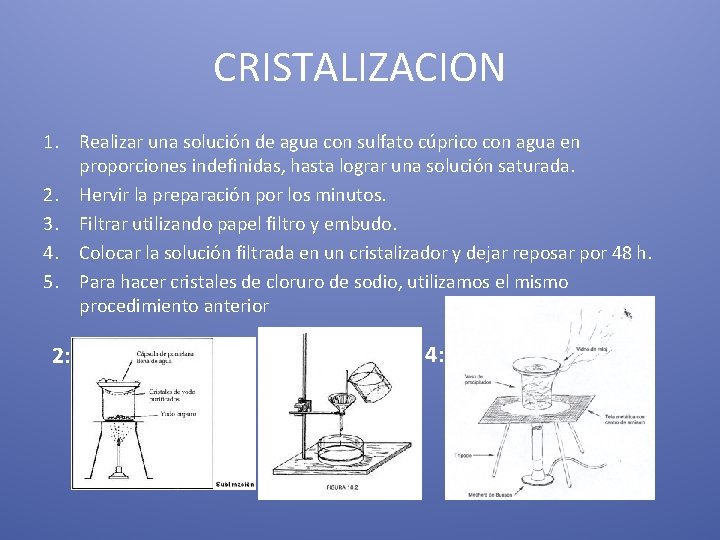 CRISTALIZACION 1. Realizar una solución de agua con sulfato cúprico con agua en proporciones