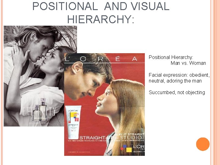 POSITIONAL AND VISUAL HIERARCHY: Positional Hierarchy: Man vs. Woman Facial expression: obedient, neutral, adoring