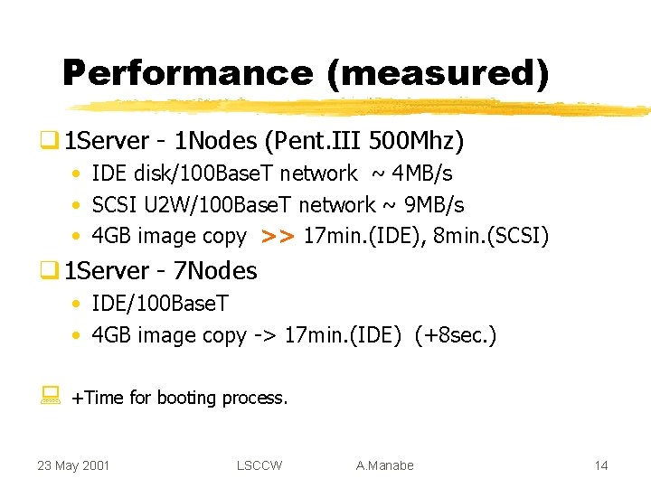 Performance (measured) q 1 Server - 1 Nodes (Pent. III 500 Mhz) • IDE