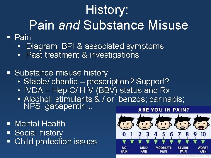History: Pain and Substance Misuse § Pain • Diagram, BPI & associated symptoms •
