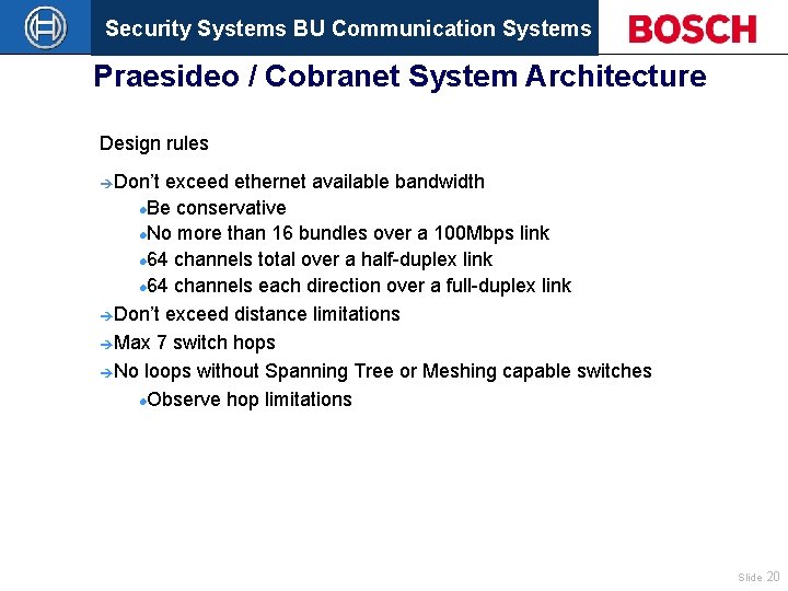 Security Systems BU Communication Systems Praesideo / Cobranet System Architecture Design rules èDon’t exceed