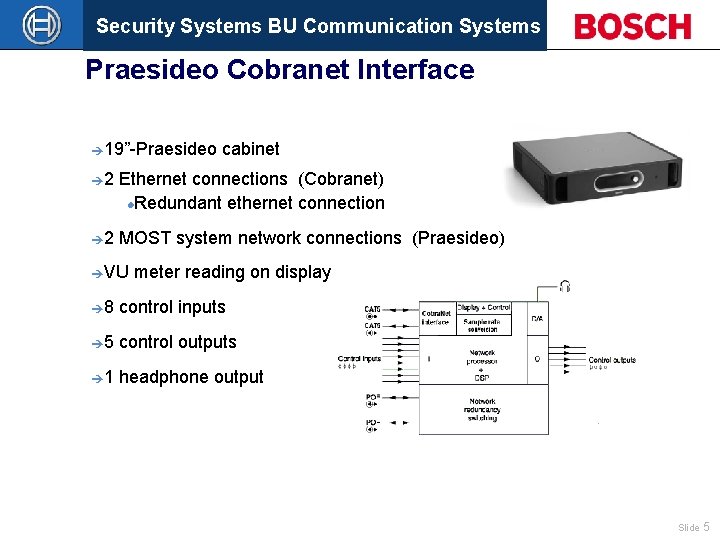 Security Systems BU Communication Systems Praesideo Cobranet Interface è 19”-Praesideo cabinet è 2 Ethernet