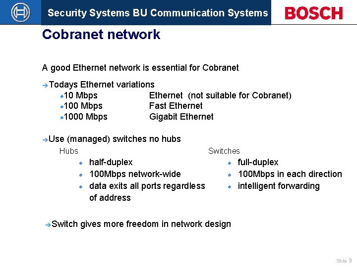 Security Systems BU Communication Systems Cobranet network A good Ethernet network is essential for