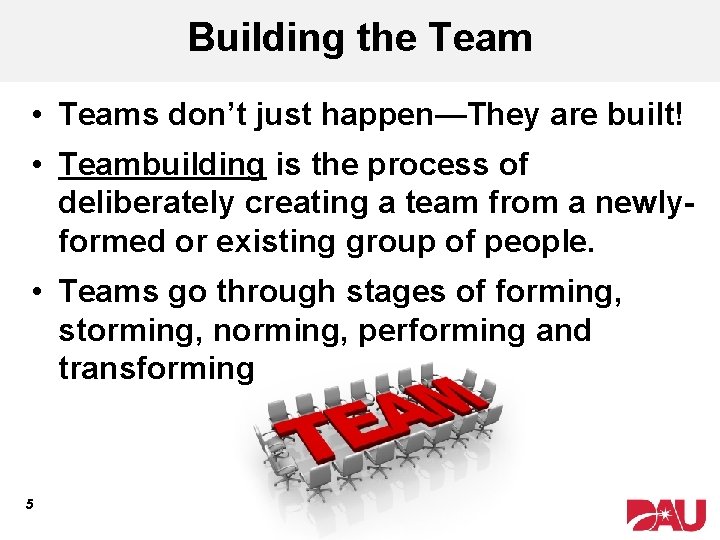 Building the Team • Teams don’t just happen—They are built! • Teambuilding is the