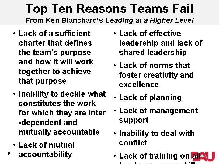 Top Ten Reasons Teams Fail From Ken Blanchard’s Leading at a Higher Level •