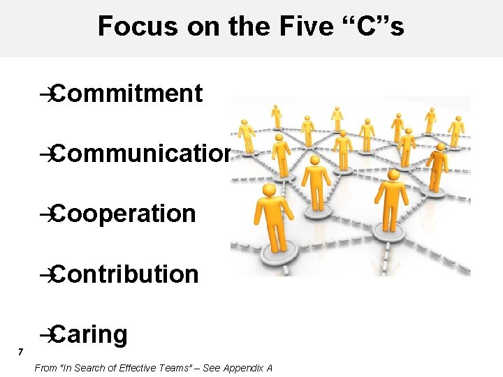 Focus on the Five “C”s àCommitment àCommunication àCooperation àContribution 7 àCaring From “In Search