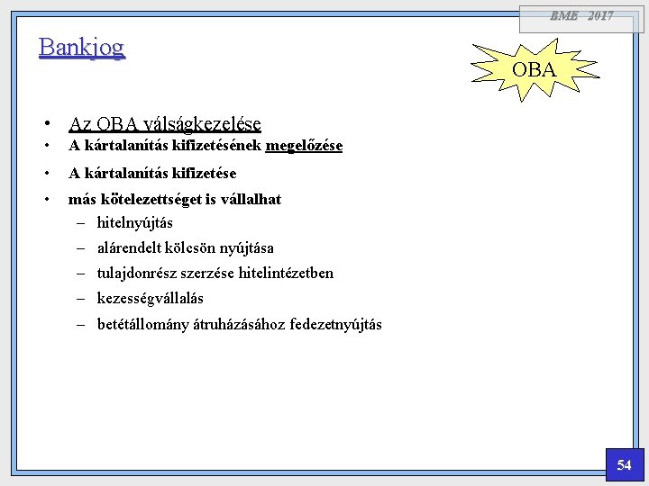 BME 2017 Bankjog OBA • Az OBA válságkezelése • A kártalanítás kifizetésének megelőzése •